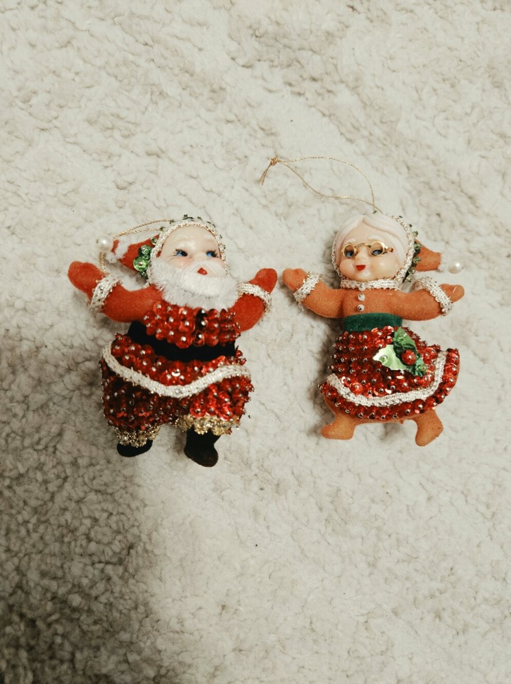 Vintage Sequined Flocked Beaded Mr & Mrs Santa Christmas Ornaments